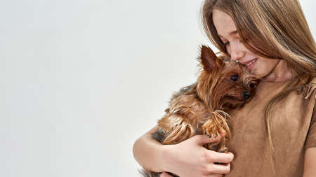 Caucasian girl hug purebred Yorkshire Terrier dogの写真素材