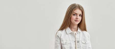 Portrait of beautiful teen girl child on white background
