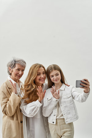 Three caucasian females take selfie on smartphoneの写真素材