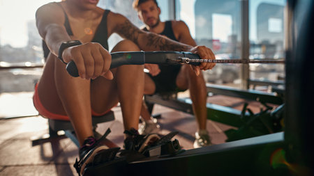 Blurred trainer looking at girl doing exerciseの写真素材