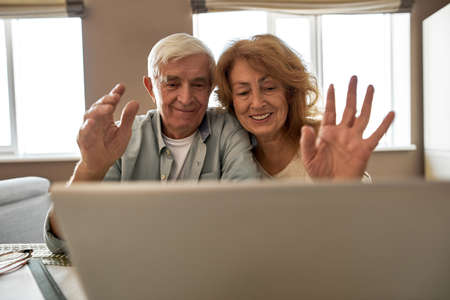 Mature couple wave hands at video call on laptopの写真素材