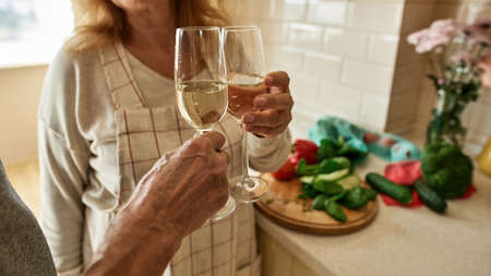 Cropped image of mature couple toasting wine while cooking at home kitchen. Concept of relationship...