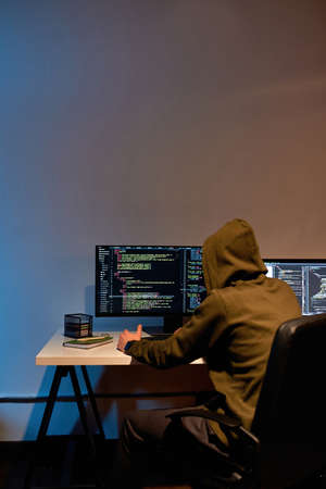 Back view of hacker programming script or codeの写真素材