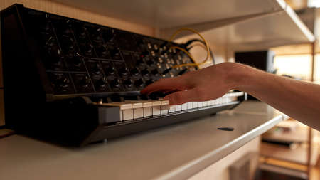 Cropped image of man play electric piano at home