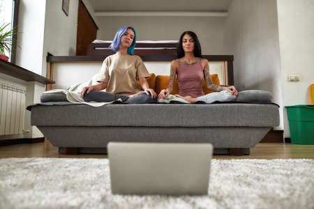 Attractive sportswomen relaxing after training using laptopの写真素材