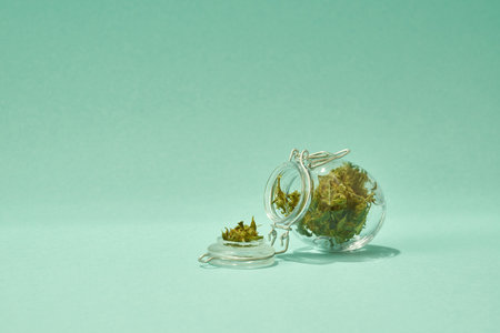Opened glass jar with dry green marijuana budsの写真素材