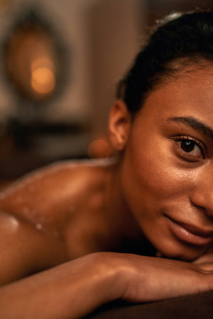 Woman with salt on back during scrub in spa salon