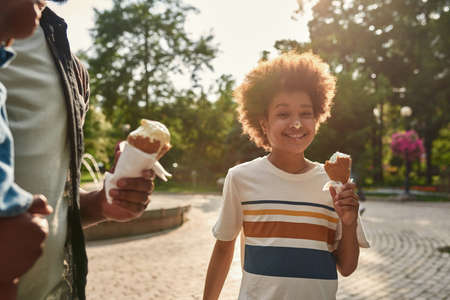 Boy with ice cream resting with family in parkの写真素材