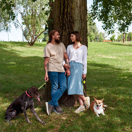 Romantic couple spending time with dogs in park