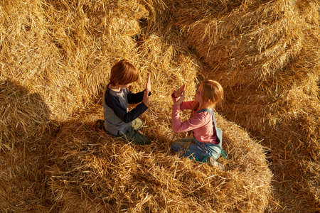 Little children play patty-cake game on hay baleの写真素材