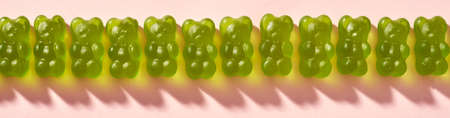 Set of green sweet yummy teddy bear candies in row