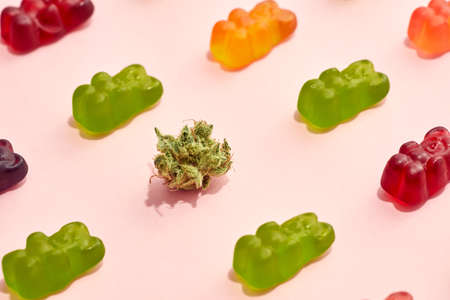 Dry crushed marijuana bud and sweet yummy candiesの写真素材