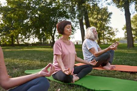 Senior friends meditate and practice yoga on lawnの写真素材