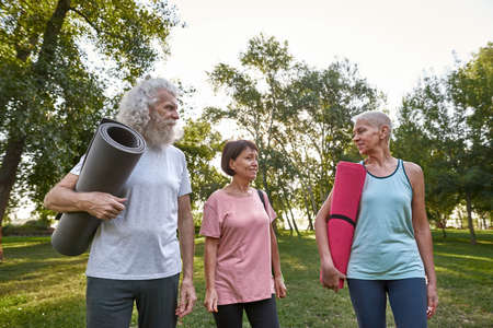 Elderly friends with fitness mats going in parkの写真素材