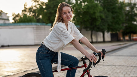 Side view of girl with her bicycle on city squareの写真素材