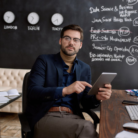 Confident caucasian IT seller with digital tablet