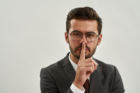 Portrait of business man showing silence gestureの写真素材