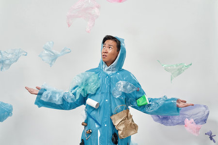 Displeased man wearing raincoat under garbage rain