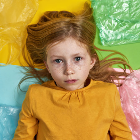 Portrait of girl lying between plastic bags
