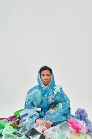 Young asian man wear raincoat in variety garbage