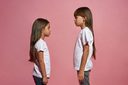 Side of serious little girls looking at each other