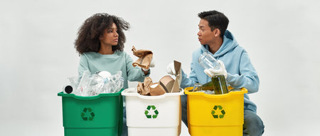Girl and man sorting garbage in variety dustbinsの写真素材