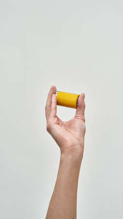 Partial male hand hold battery on white background