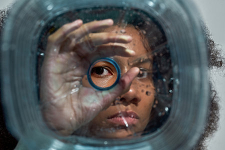 Black girl look through plastic bottle at camera