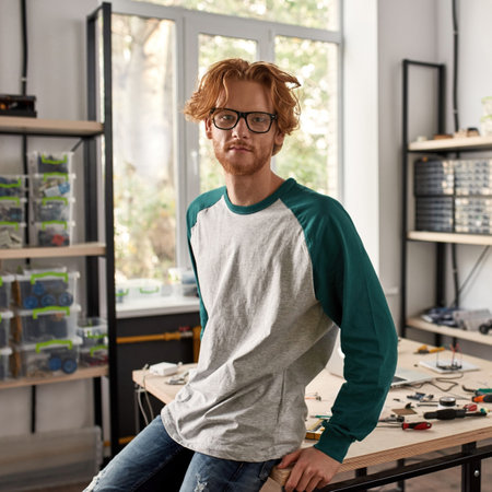 Serious male IT engineer look at camera in office