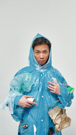 Asian man wearing raincoat full of variety garbage