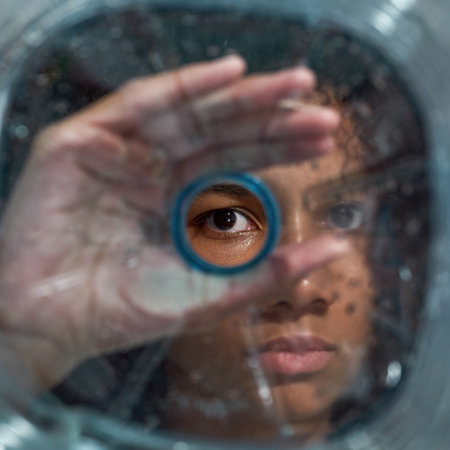Young black girl looking through plastic bottleの写真素材