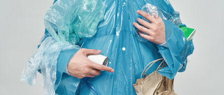 Partial man wear raincoat full of variety garbage