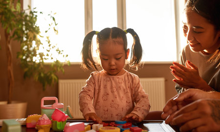 Parents look at daughter play with toy figures