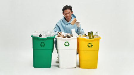 Asian man wear gloves sort garbage in dustbinsの写真素材