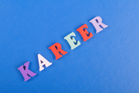 word on blue background composed from colorful abc alphabet block wooden letters, copy space for ad text. Learning english conceptの写真素材