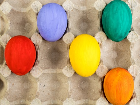 Happy Easter card. Colorful easter eggs on Carton background. Copy space for textの写真素材