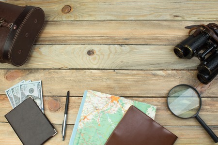 Travel accessories costumes. Passports, luggage, The cost of travel maps prepared for the trip. Top...