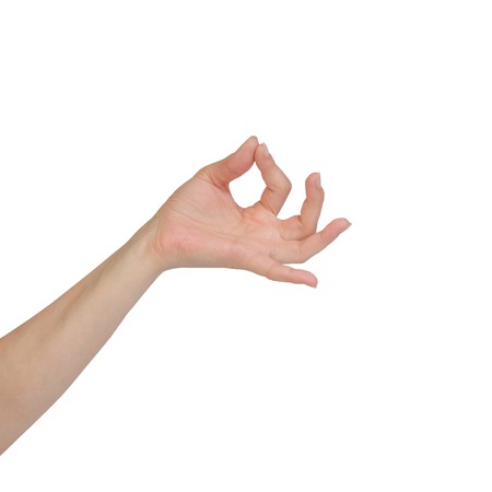 Beautiful woman hand holding items isolated on white background. Hamsasyo hasta hand gesture, also called mudra, meaning Swan beakの写真素材
