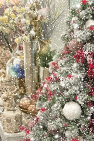 blurred christmas tree, snow, christmas, background. Happy New Year and Xmas themeの写真素材