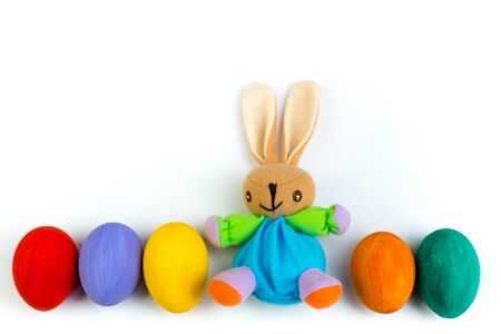 Happy Easter. Colorful easter eggs and rabbit on isolated white backgroundの写真素材