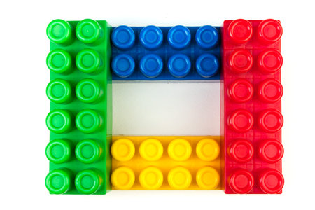 Educational toy, constructor for children Isolated on white background. Top view with copy space.の写真素材