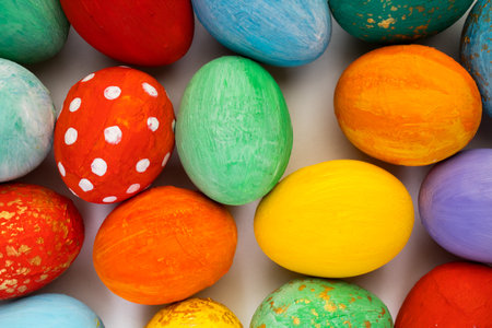 happy easter card. Colorful shiny eggs background. Copy space for textの写真素材