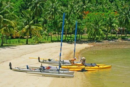 two trimarans near the seaの写真素材