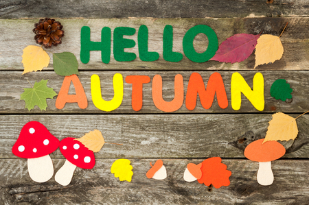 Handmade inscription Hello Autumn made of felt. Leaves, mushrooms, acorns and cone on the old wooden background. Autumn background. Top viewの写真素材