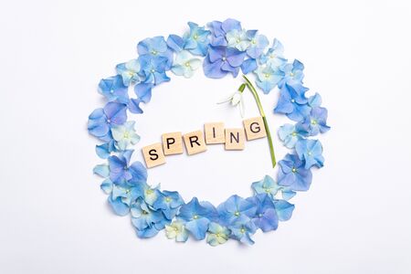 Flowers composition. Frame made of blue flowers hydrangea and snowdrop on white background. Creative floral texture. Flowers pattern, flat lay. Spring holidays, springtime concept. Top viewの写真素材