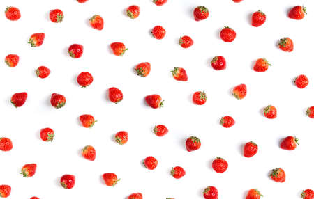 Fresh strawberry pattern on white background. Summer berries, flat lay. Strawberry isolated on white background top viewの写真素材