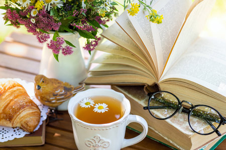 Mug of herbal tea of chamomile, bouquet of meadow flowers, croissant, books on wooden table. Rest in garden, healthy drink herbal tea, reading books, breakfast, vacation, summertime mood conceptの写真素材