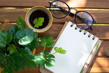 White blank notebook and coffee cup on wooden table with sunny rays. Flat lay desk with coffee, green plant palm, eyeglasses. Working, business, office, home work, analysis, consulting concept. Copy spaceの写真素材