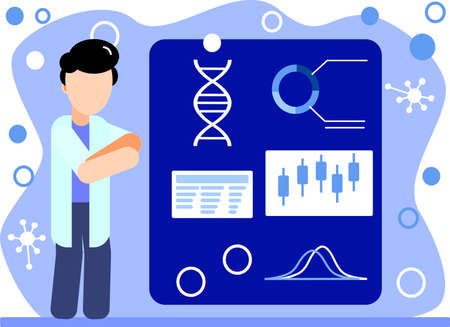 Male scientist in the lab coat analysing and presenting results of genetic studies and lab experimentsのイラスト素材