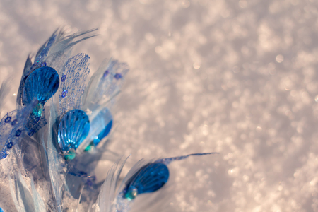 Blue and turquise christmas ornament of feathers and shells on the white shining snow background.の写真素材